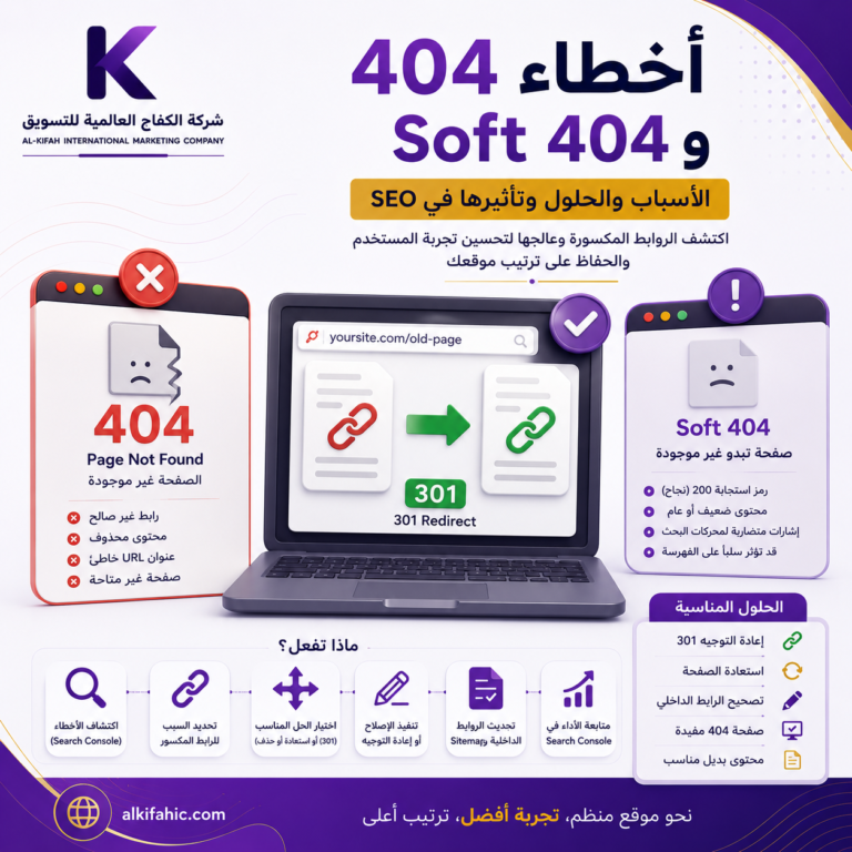 أخطاء 404 وSoft 404 وإصلاح الروابط المكسورة باستخدام إعادة التوجيه 301 وGoogle Search Console.