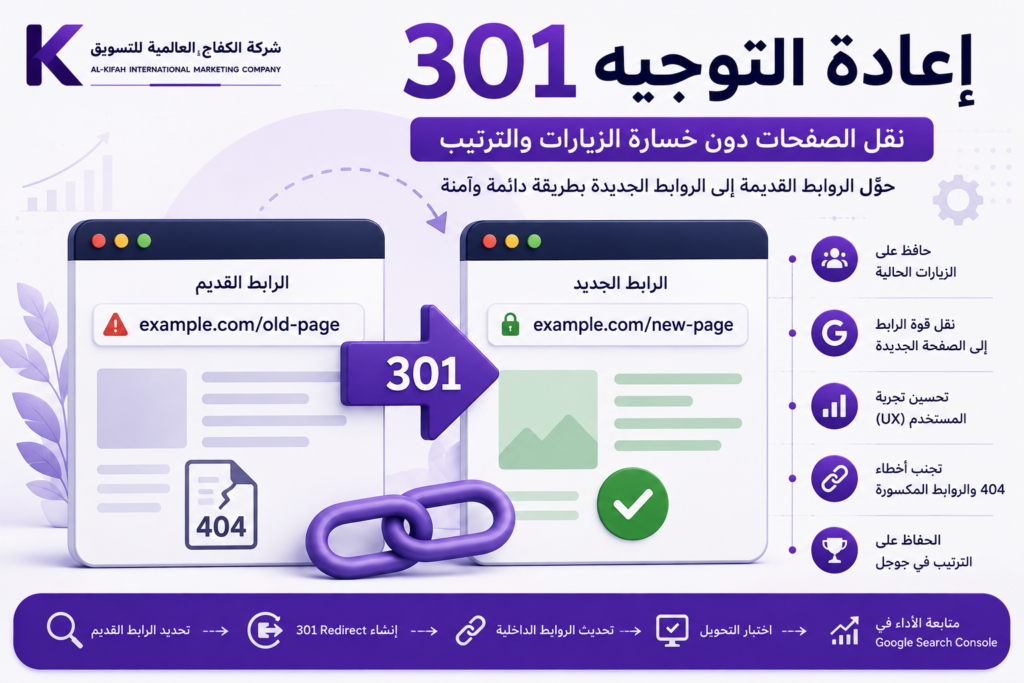 إعادة التوجيه 301 لنقل الصفحات القديمة إلى روابط جديدة وتجنب أخطاء 404.