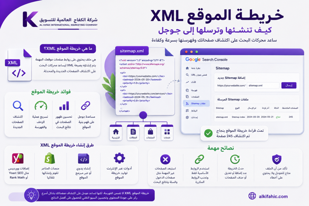 خريطة الموقع XML وطريقة إرسال Sitemap إلى Google Search Console لتحسين اكتشاف الصفحات وفهرستها.